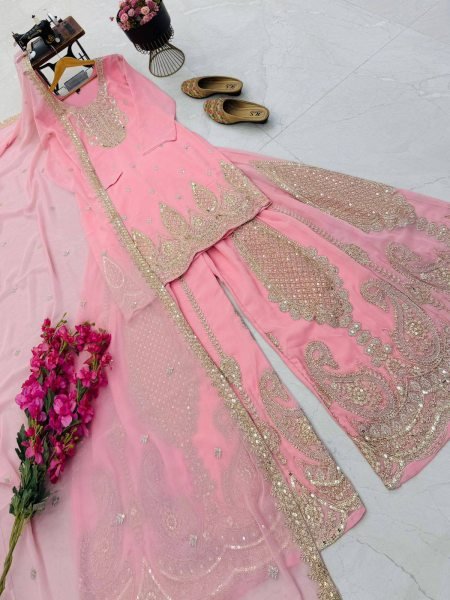Captivating Baby Pink Georgette Straight Kurta Sharara Dupatta Set At Dubai Rate Ready To Wear Collection