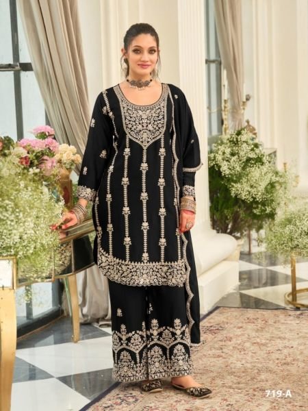 Captivating Black Airtex Chinon Embroidered Top Palazzo Dupatta Set at Wholesale Rate 