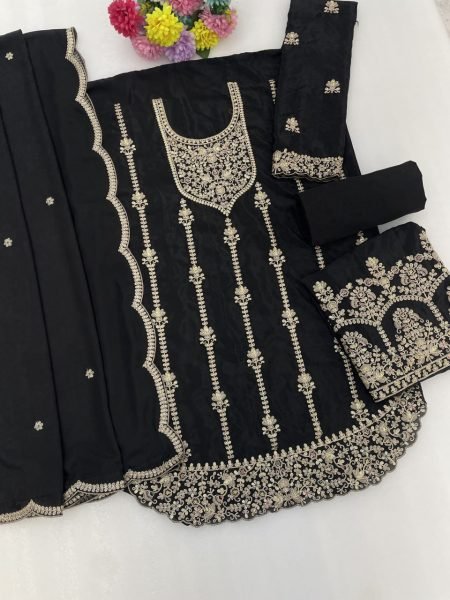Captivating Black Airtex Chinon Embroidered Top Palazzo Dupatta Set at Wholesale Rate Designer Plazzo Salwar Suits Wholesale