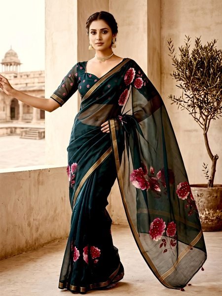 Captivating Black Elegant Manipuri Saree with Floral Digital Print and Gold Sequins Work Sarees 