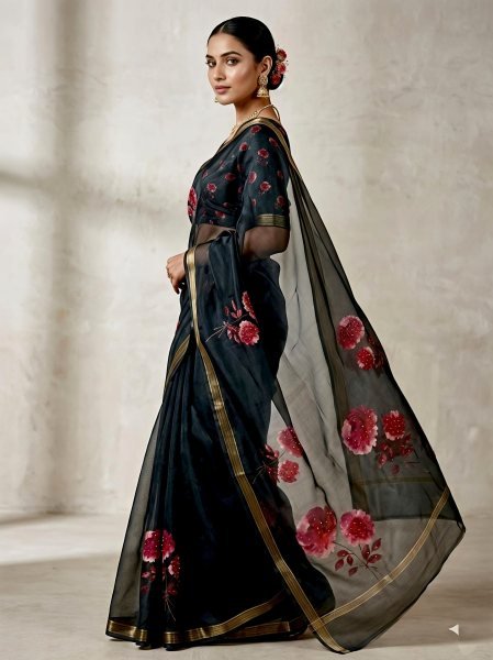 Captivating Black Elegant Manipuri Saree with Floral Digital Print and Gold Sequins Work Printed Cotton Sarees Wholesale