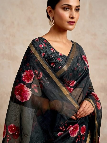 Captivating Black Elegant Manipuri Saree with Floral Digital Print and Gold Sequins Work Printed Cotton Sarees Wholesale