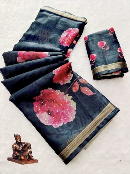 Captivating Black Elegant Manipuri Saree with Floral Digital Print and Gold Sequins Work Printed Cotton Sarees Wholesale