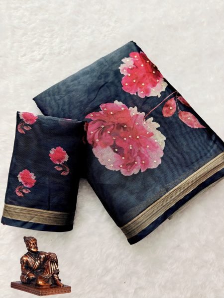 Captivating Black Elegant Manipuri Saree with Floral Digital Print and Gold Sequins Work Printed Cotton Sarees Wholesale