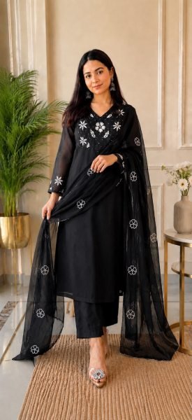 Captivating Black Embroidered Mal Silk Kurta Set with Roman Silk Pants at Wholesale Rate Embroidery Kurtis 
