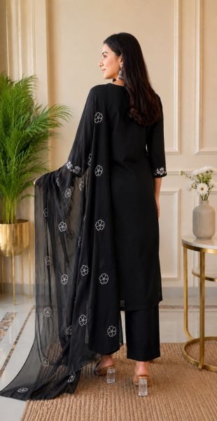 Captivating Black Embroidered Mal Silk Kurta Set with Roman Silk Pants at Wholesale Rate Embroidery Kurtis 
