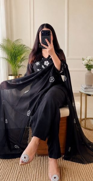 Captivating Black Embroidered Mal Silk Kurta Set with Roman Silk Pants at Wholesale Rate Embroidery Kurtis 