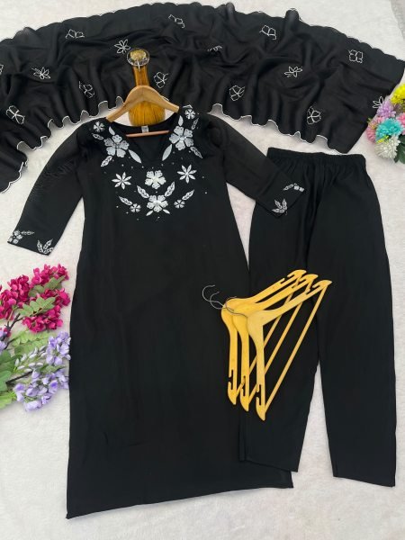 Captivating Black Embroidered Mal Silk Kurta Set with Roman Silk Pants at Wholesale Rate Embroidery Kurtis 