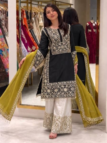 Captivating Black Heavy Embroidered Crepe Silk Top Palazzo Set with Organza Dupatta Ready To Wear Suit
