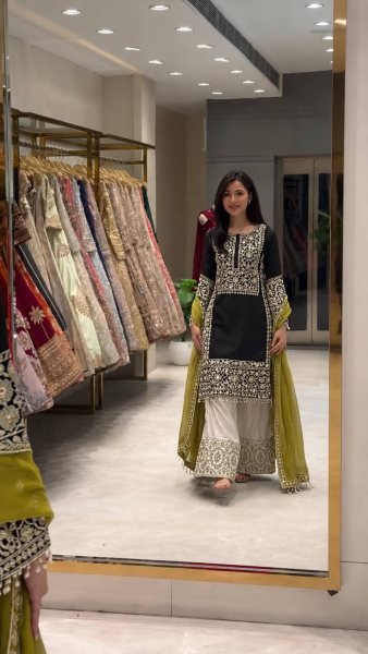 Captivating Black Heavy Embroidered Crepe Silk Top Palazzo Set with Organza Dupatta Ready To Wear Collection