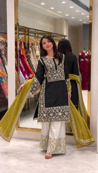 Captivating Black Heavy Embroidered Crepe Silk Top Palazzo Set with Organza Dupatta Ready To Wear Collection