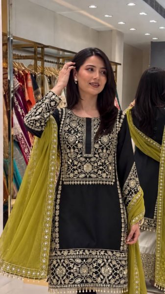 Captivating Black Heavy Embroidered Crepe Silk Top Palazzo Set with Organza Dupatta Ready To Wear Collection