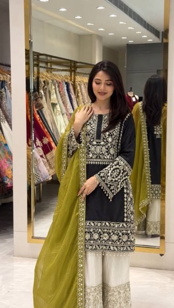 Captivating Black Heavy Embroidered Crepe Silk Top Palazzo Set with Organza Dupatta Ready To Wear Collection