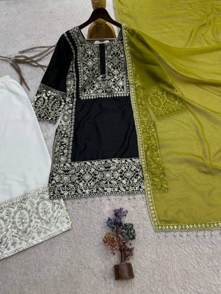 Captivating Black Heavy Embroidered Crepe Silk Top Palazzo Set with Organza Dupatta Ready To Wear Collection