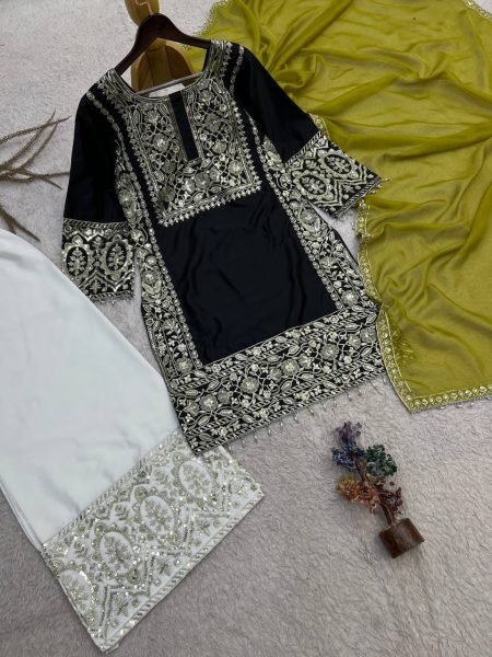 Captivating Black Heavy Embroidered Crepe Silk Top Palazzo Set with Organza Dupatta Ready To Wear Collection