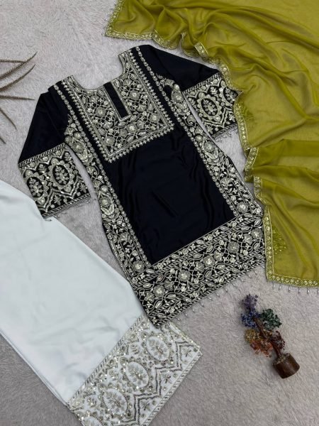 Captivating Black Heavy Embroidered Crepe Silk Top Palazzo Set with Organza Dupatta Ready To Wear Collection