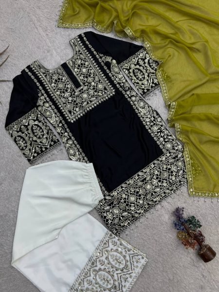 Captivating Black Heavy Embroidered Crepe Silk Top Palazzo Set with Organza Dupatta Ready To Wear Collection