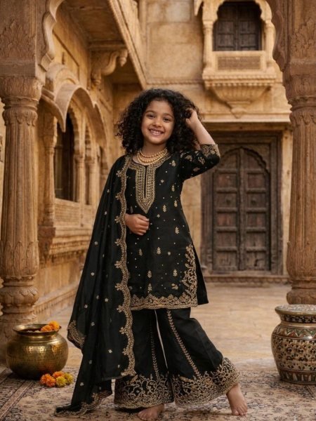 Enchanting Black Kids Georgette Kurti Plazzo Set with Heavy Embroidery Kurtis