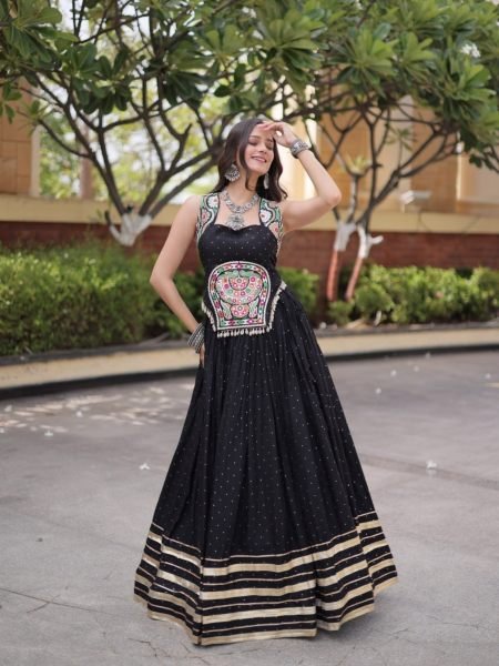 Captivating Black Reyon Chaniya Choli with Mukesh Work and Patti Lace Detailing