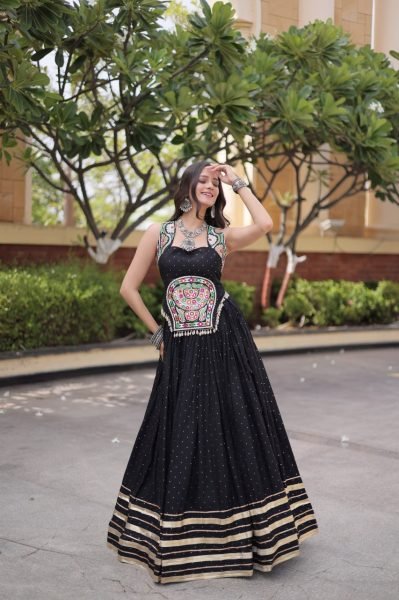 Captivating Black Reyon Chaniya Choli with Mukesh Work and Patti Lace Detailing Navratri Lehnega Choli