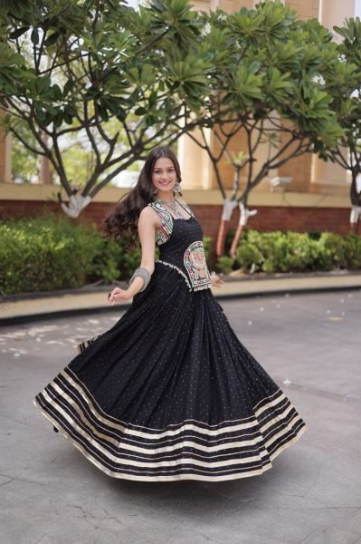 Captivating Black Reyon Chaniya Choli with Mukesh Work and Patti Lace Detailing Navratri Lehnega Choli