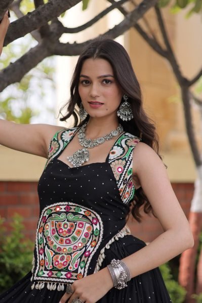 Captivating Black Reyon Chaniya Choli with Mukesh Work and Patti Lace Detailing Navratri Lehnega Choli