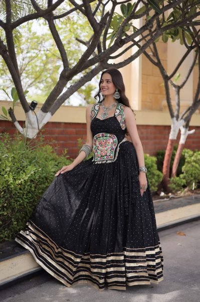 Captivating Black Reyon Chaniya Choli with Mukesh Work and Patti Lace Detailing Navratri Lehnega Choli