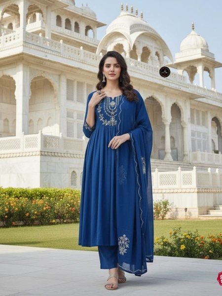 Captivating Blue  Cotton Anarkali Kurti Set with Pant   Malmal Dupatta Perfect for Festive Gatherings 