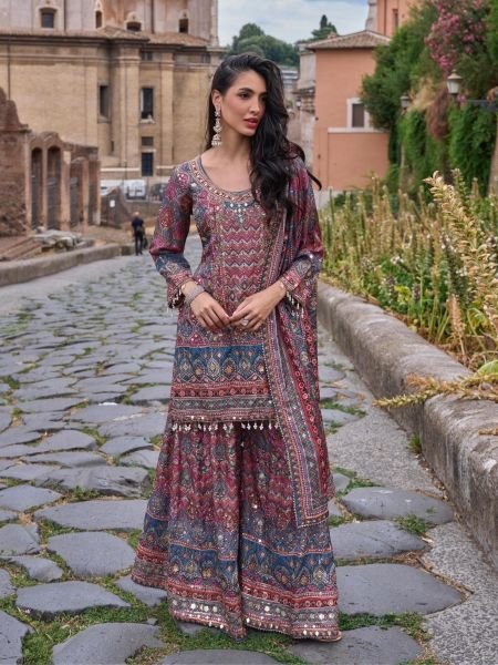 Captivating Blue Designer Natural Crepe Silk Printed Palazzo Suit with Gota Patti Aari Work Salwar Kameez