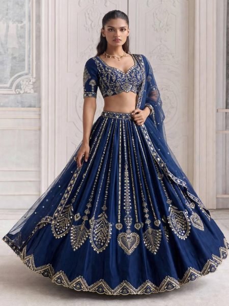 Captivating Blue Diamond Silk Lehenga Choli with Canvas and Can-Can Flair for Bridal Wear 