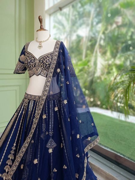 Captivating Blue Diamond Silk Lehenga Choli with Canvas and Can-Can Flair for Bridal Wear Designer Lehenga Choli