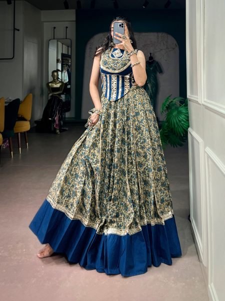 Captivating Blue Navratri Chanderi Lehenga with Canvas Stitching and Real Mirror Lace Wholesale Lehengas Suppliers in Canada