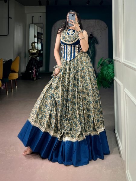 Captivating Blue Navratri Chanderi Lehenga with Canvas Stitching and Real Mirror Lace Navratri Lehnega Choli