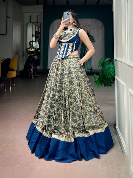 Captivating Blue Navratri Chanderi Lehenga with Canvas Stitching and Real Mirror Lace Navratri Lehnega Choli