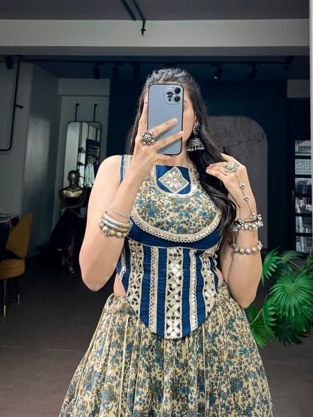 Captivating Blue Navratri Chanderi Lehenga with Canvas Stitching and Real Mirror Lace Navratri Lehnega Choli