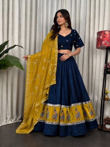 Captivating Blue Vichitra Silk Wedding Lehenga Choli with Yellow Georgette Dupatta  Lehenga