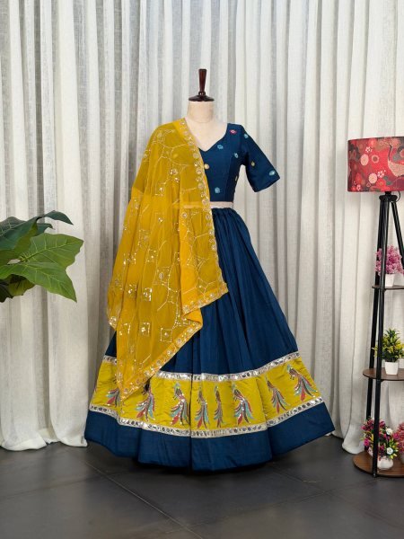 Captivating Blue Vichitra Silk Wedding Lehenga Choli with Yellow Georgette Dupatta Navratri Lehnega Choli