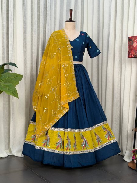 Captivating Blue Vichitra Silk Wedding Lehenga Choli with Yellow Georgette Dupatta Navratri Lehnega Choli
