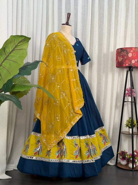 Captivating Blue Vichitra Silk Wedding Lehenga Choli with Yellow Georgette Dupatta Navratri Lehnega Choli