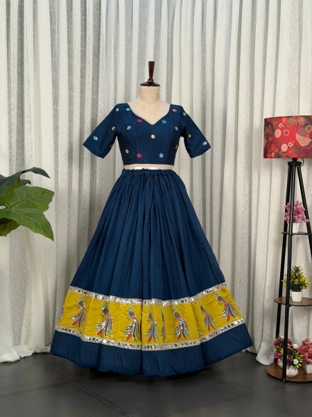 Captivating Blue Vichitra Silk Wedding Lehenga Choli with Yellow Georgette Dupatta Navratri Lehnega Choli