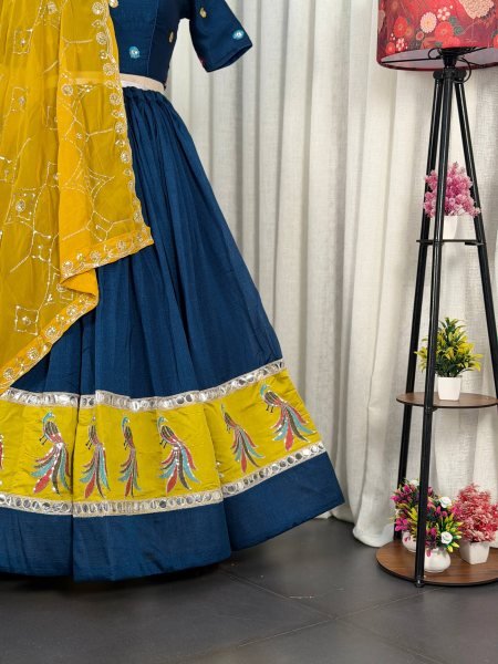 Captivating Blue Vichitra Silk Wedding Lehenga Choli with Yellow Georgette Dupatta Navratri Lehnega Choli