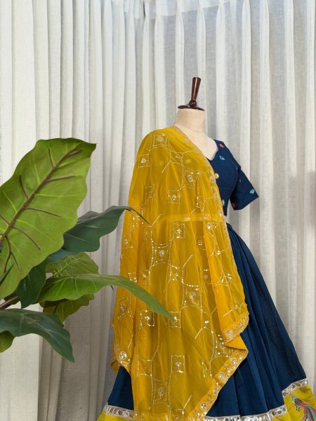 Captivating Blue Vichitra Silk Wedding Lehenga Choli with Yellow Georgette Dupatta Navratri Lehnega Choli