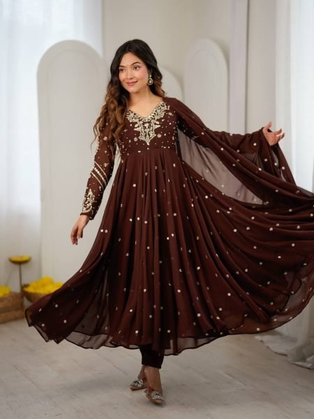 Captivating Brown Faux Georgette Embroidered Gown with Full Sleeves For Festival Ready To Wear Suit