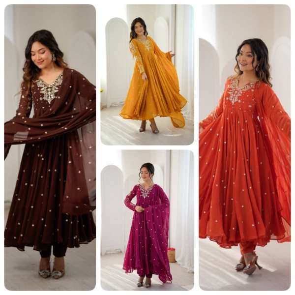Captivating Brown Faux Georgette Embroidered Gown with Full Sleeves For Festival Ready To Wear Collection