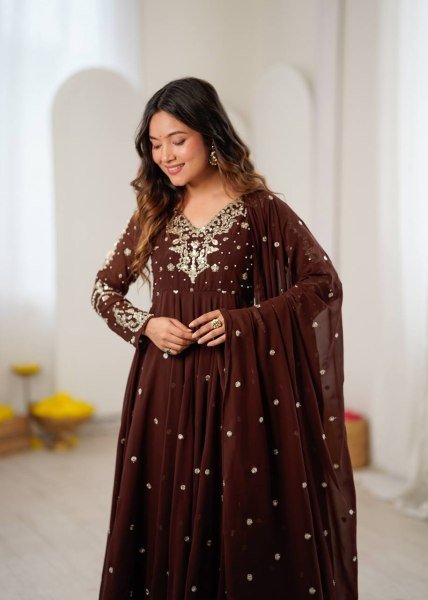 Captivating Brown Faux Georgette Embroidered Gown with Full Sleeves For Festival Ready To Wear Collection