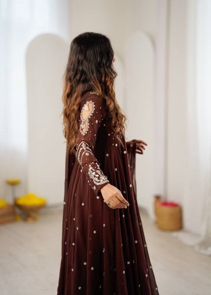 Captivating Brown Faux Georgette Embroidered Gown with Full Sleeves For Festival Ready To Wear Collection