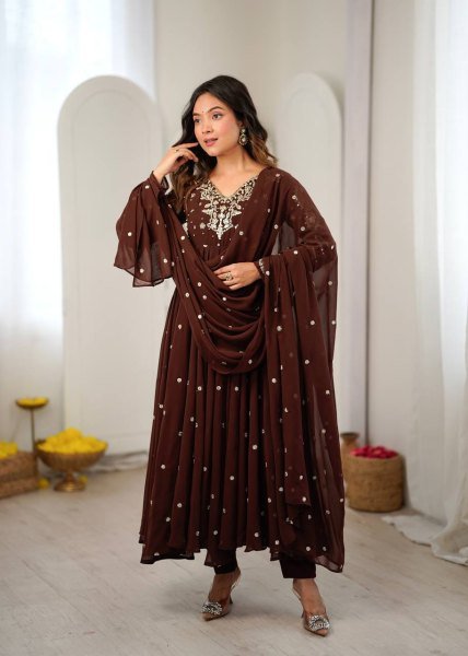 Captivating Brown Faux Georgette Embroidered Gown with Full Sleeves For Festival Ready To Wear Collection