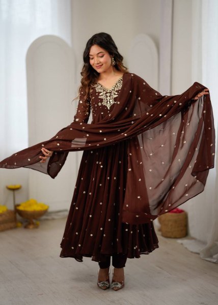 Captivating Brown Faux Georgette Embroidered Gown with Full Sleeves For Festival Ready To Wear Collection