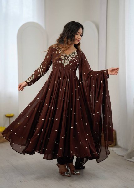 Captivating Brown Faux Georgette Embroidered Gown with Full Sleeves For Festival Ready To Wear Collection