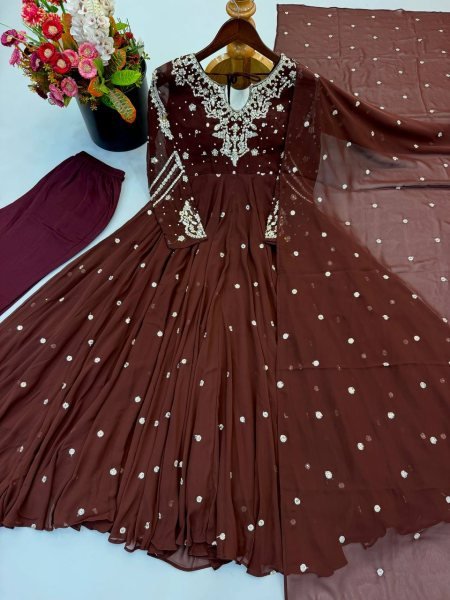 Captivating Brown Faux Georgette Embroidered Gown with Full Sleeves For Festival Ready To Wear Collection